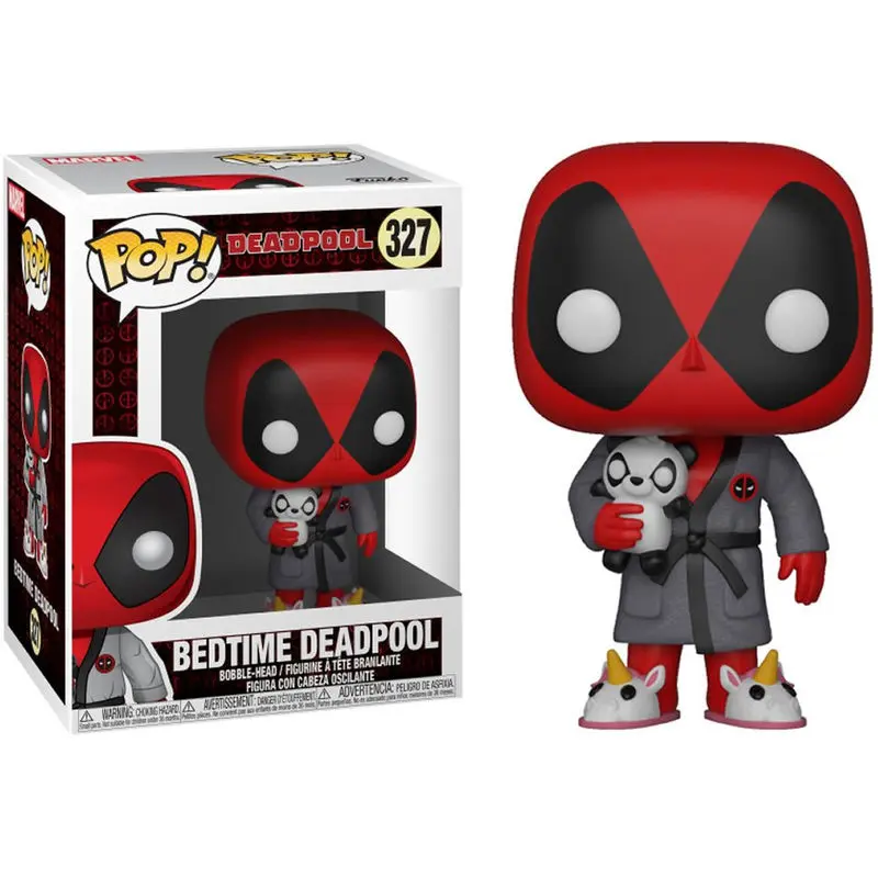 funko deadpool a la hora de dormir con bata y zapatillas